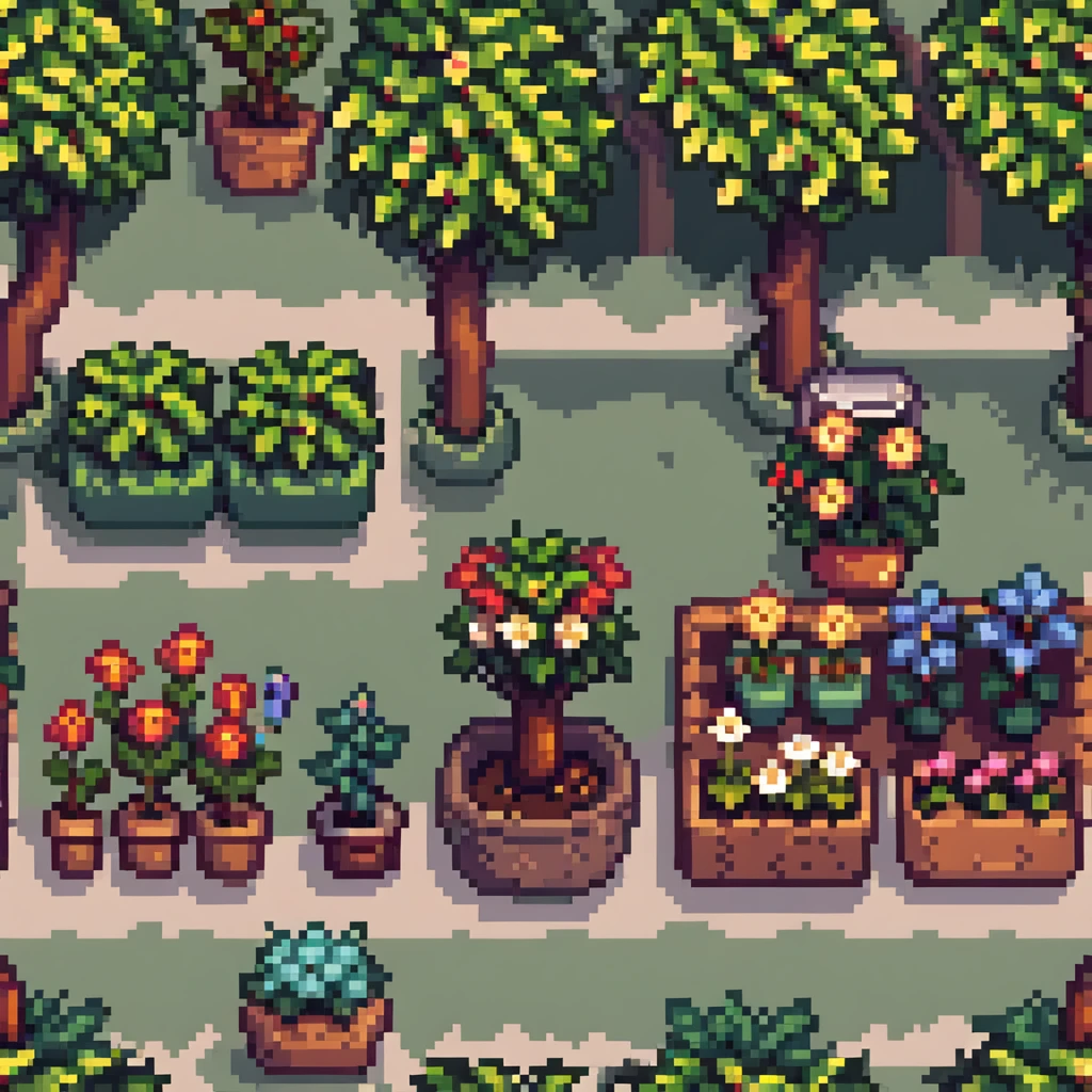 garden scene with flowers, trees, and plants emoji