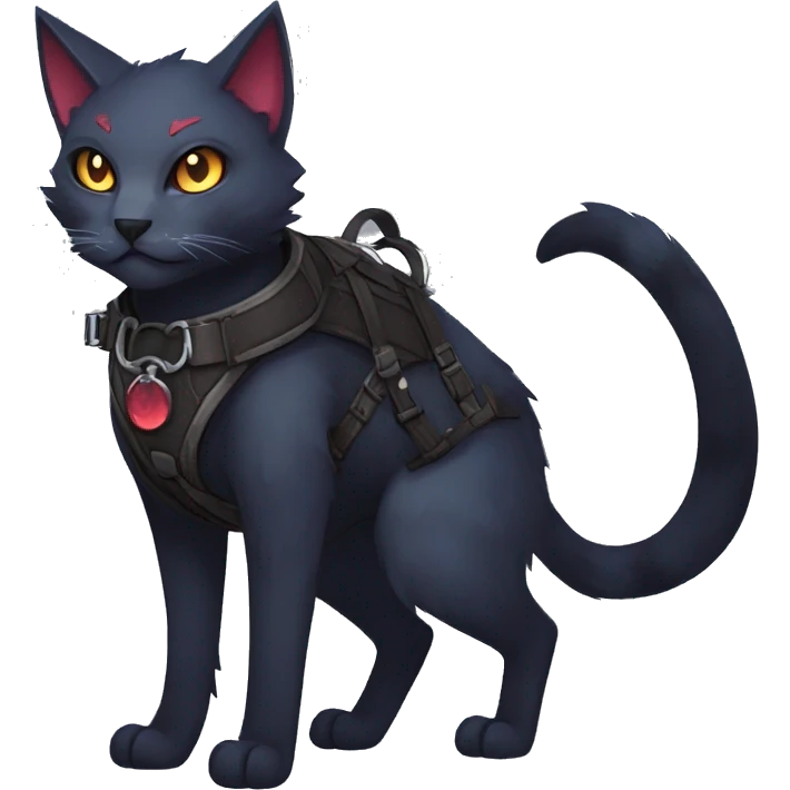 cool edgy fantasy dark-shadow-themed animal vampiric cat hybrid Fakemon  with a harness and collar full body emoji