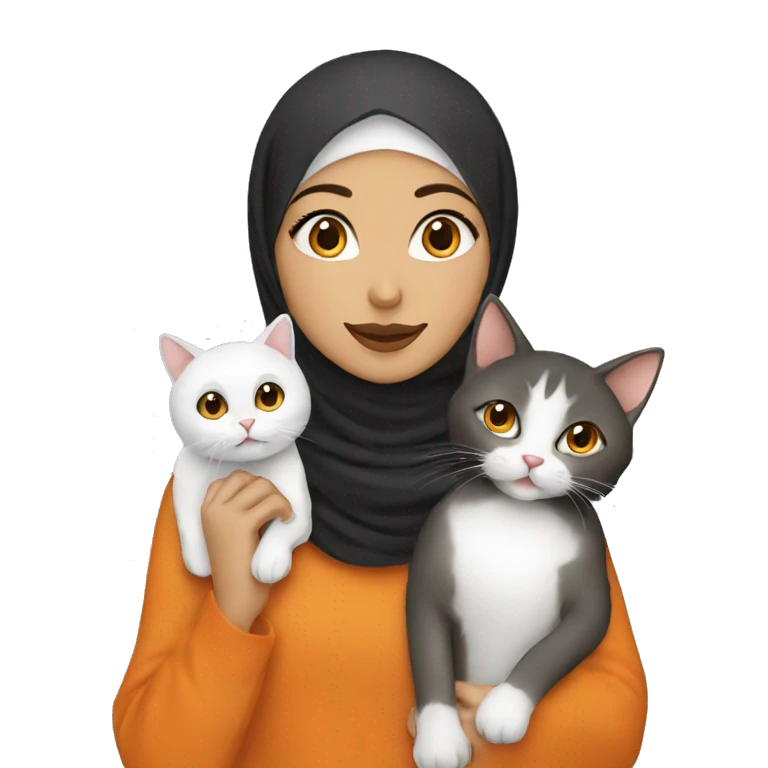 Hijabi girl with two cats, one orange and one white  emoji