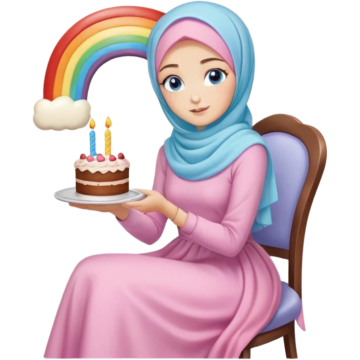 Turkish beautiful finish Konya girl blue eyes with pastel hijab long tail dress and sits on the chair and holds rainbow cake with her hand  emoji