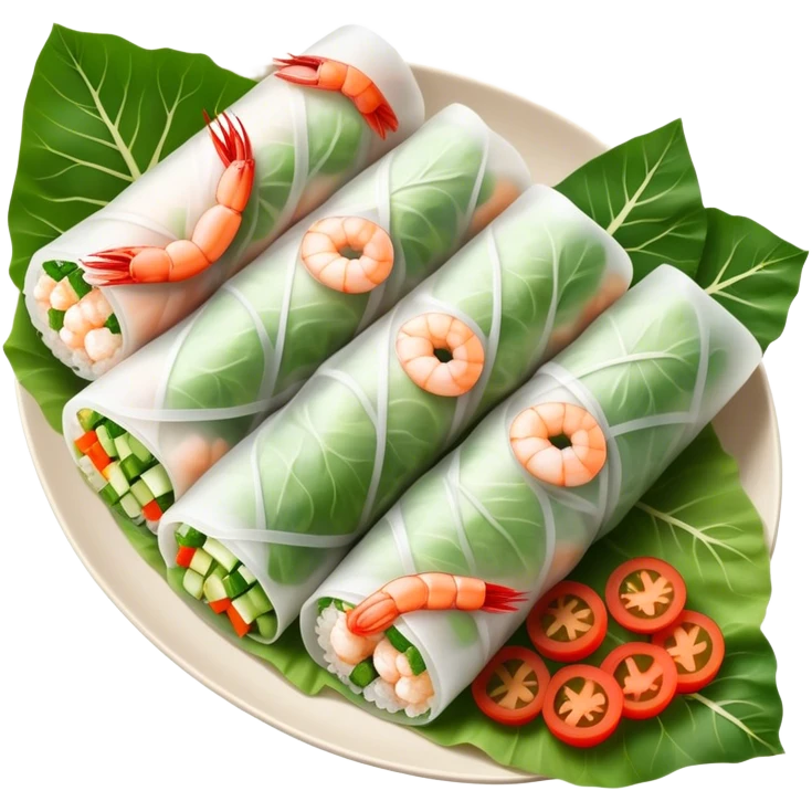 Cinematic Realistic Vietnamese Summer Rolls Dish Emoji, depicted with delicate rice paper wraps filled with fresh vegetables and shrimp rendered with crisp textures and refreshing lighting. emoji