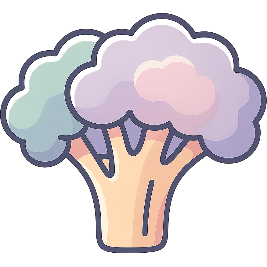 broccoli with two inflorescences, volumetric 2D image, icon-color-outlined style, thin clean contours, soft rounded shapes, pastel palette #98B5BC, #B5B3C1, #C9A3C9, #E4C0CA, #F7DCD1, #F7C0AA, detailed shadows and highlights, soft lighting, transparent background, no decor emoji