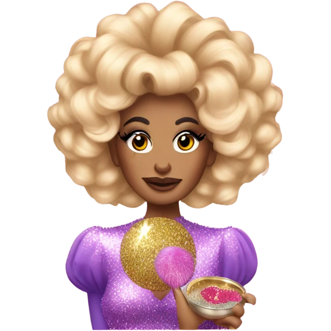 A drag queen with huge hair and a glittery dress, putting on blusher from a compact emoji