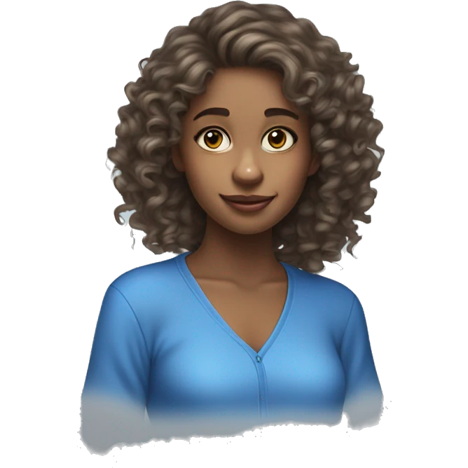 20 year old femle short long curly hair blue eyes wears blue clothes, has a monkey and elephant  emoji