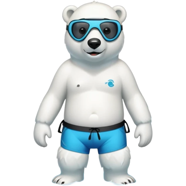 friendly anthropomorphised polar bear standing in a puddle of water, wearing board shorts, scuba mask over eyes with snorkel tube emoji