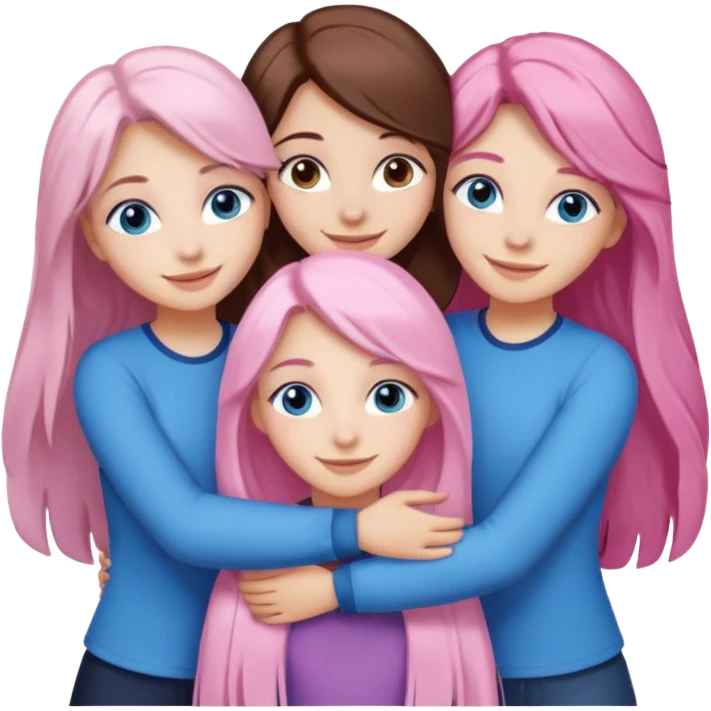 four white grips hugging and smiling    2 girls with brown eyes and long dark brown hair. One girl with long light pink hair and blue eyes, one girl with blue eyes and light blonde hair emoji