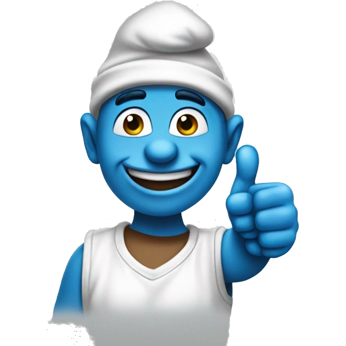 Create a Smurf with blue skin. the right hand with a large thumb giving a thumbs-up emoji