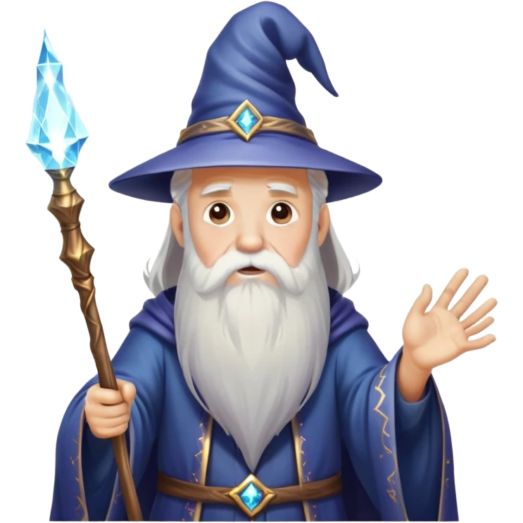 old man wizard with a beard casting a spell with a wand with sparkles and magic emoji