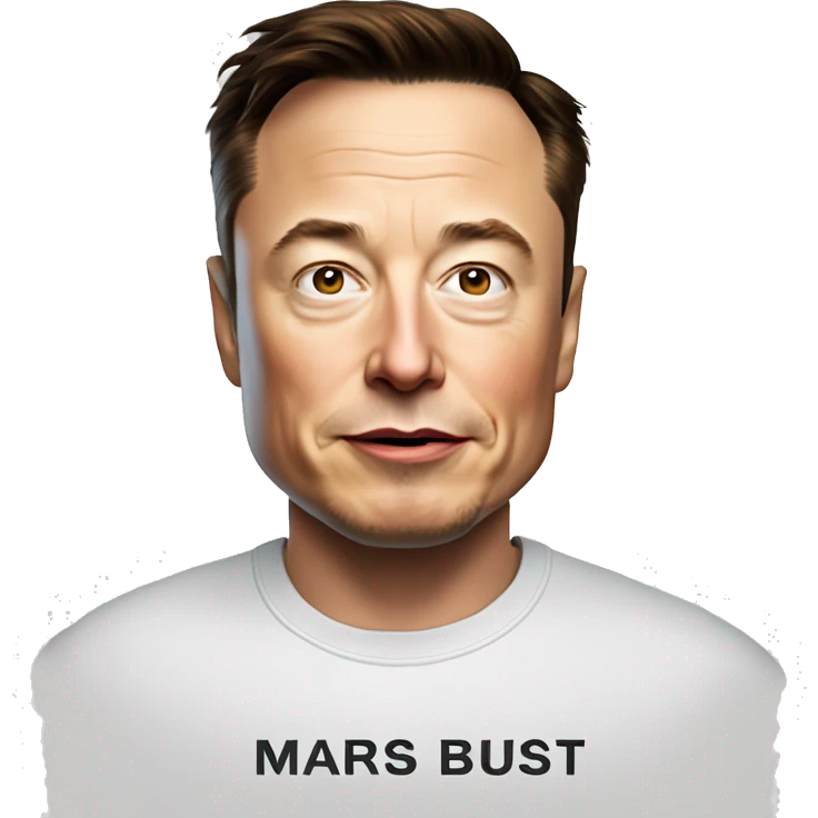 Elon musk wearing a T shirt with “Mars or Bust” on it emoji