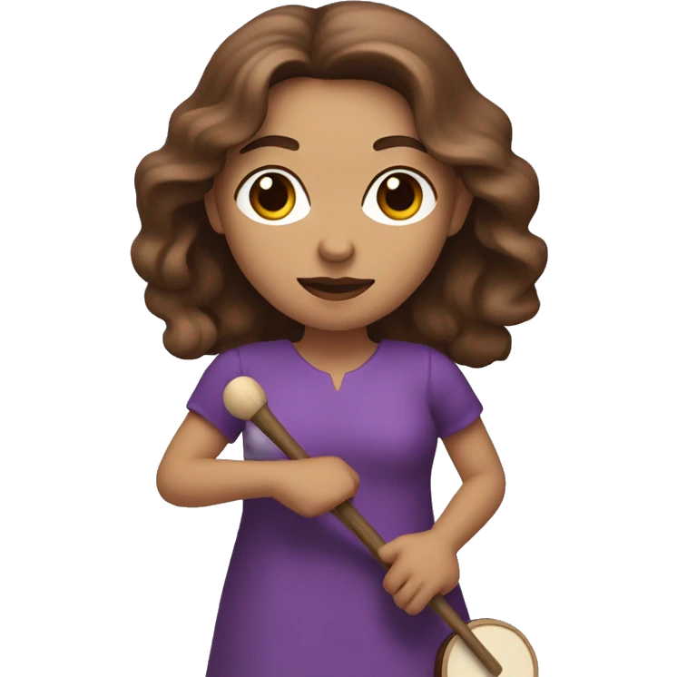 White woman standing with long flowing purple dress and long wavy brown hair holding a small handheld frame drum and a drum stick emoji
