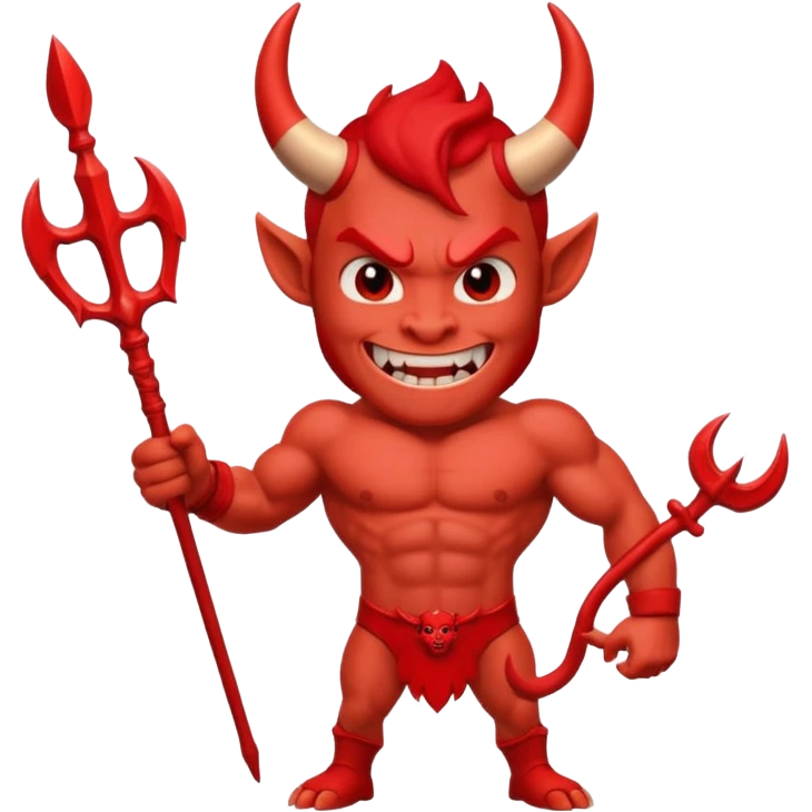 Red devil with short horns and trident, grinning mischievously emoji