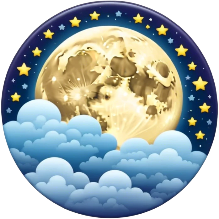 A round galactic colored button with a damask style full moon, stars, and clouds in the center emoji