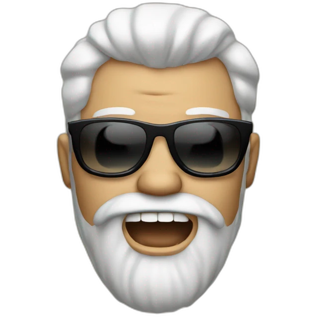 big head man with a beard and sunglasses and salt and pepper hair, yelling emoji