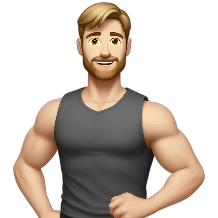 Full height realistic Actively gesturing with hands Pale skinned Fit Man With the biceps and brown hair in dark gray Sleeveless Mike, black oversize sports shorts, watch and white Sneakers emoji