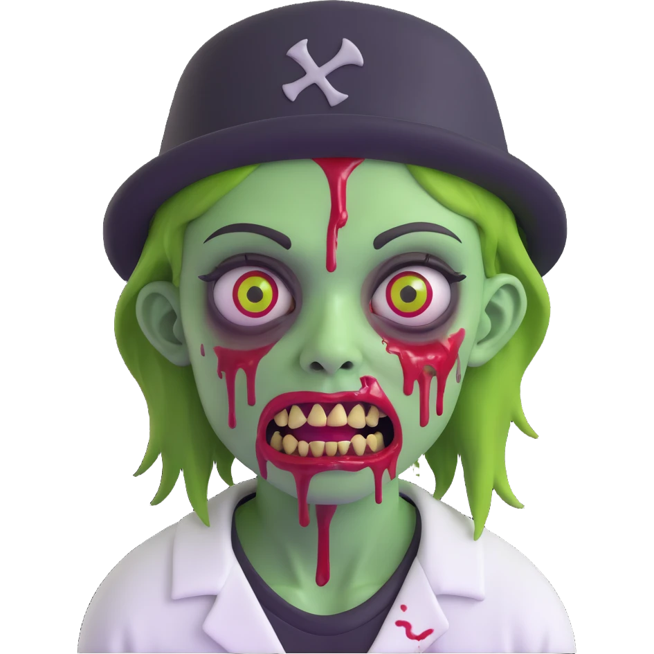 green zombie with blood on lower eyelid, wearing LA hat, white shirt, blood on mouth emoji
