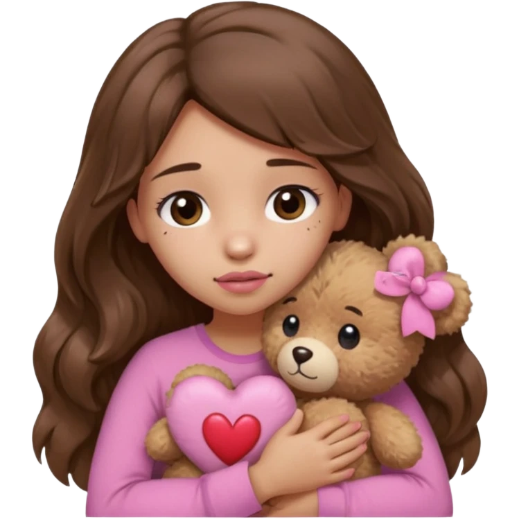 girl with long wavy brown hair, brown eyes, light to medium complexion, in a pink shirt, pink lips, long lashes, sad, hugging squeezing a teddy bear with heart band aid emoji