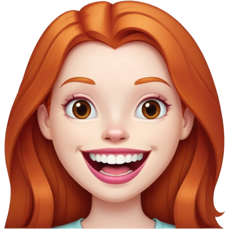 Young girl with pale skin, full pink lips smiling with big teeth, very long straight ginger red hair, bigger nose, deep brown eyes, big mouth emoji