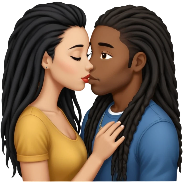 Latina Woman with long hair kissing a young black guy with dreads no beard emoji