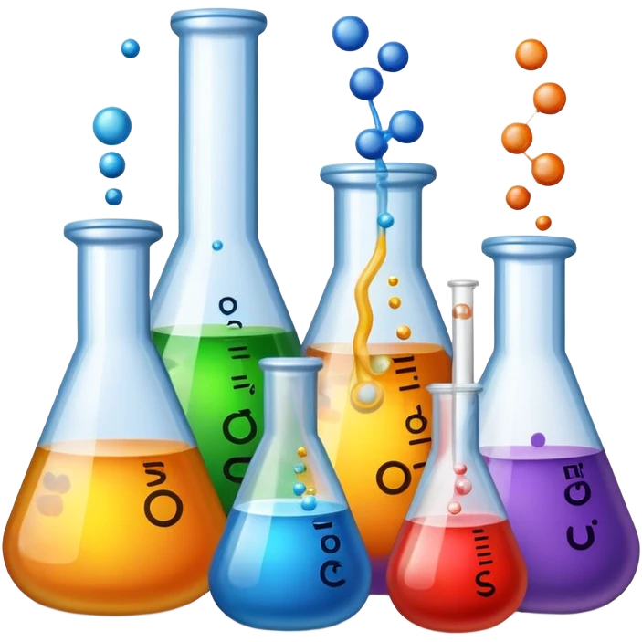 An icon featuring chemical flasks, liquids, powders, and chemical formulas, symbolizing the science of chemistry. The design includes bubbling reactions, molecular structures, and test tubes, representing experimentation and chemical analysis. Transparent background. emoji