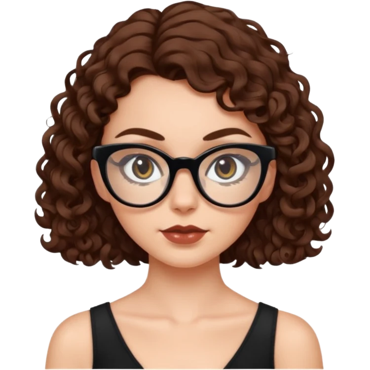 white girl with chest-length brown curls and black cat-eye glasses emoji