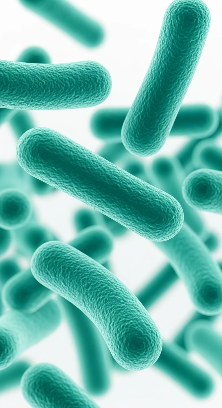 batteri intestinali turchesi fluttuano in aria, sfondo bianco, ma iperrealistica 4k emoji