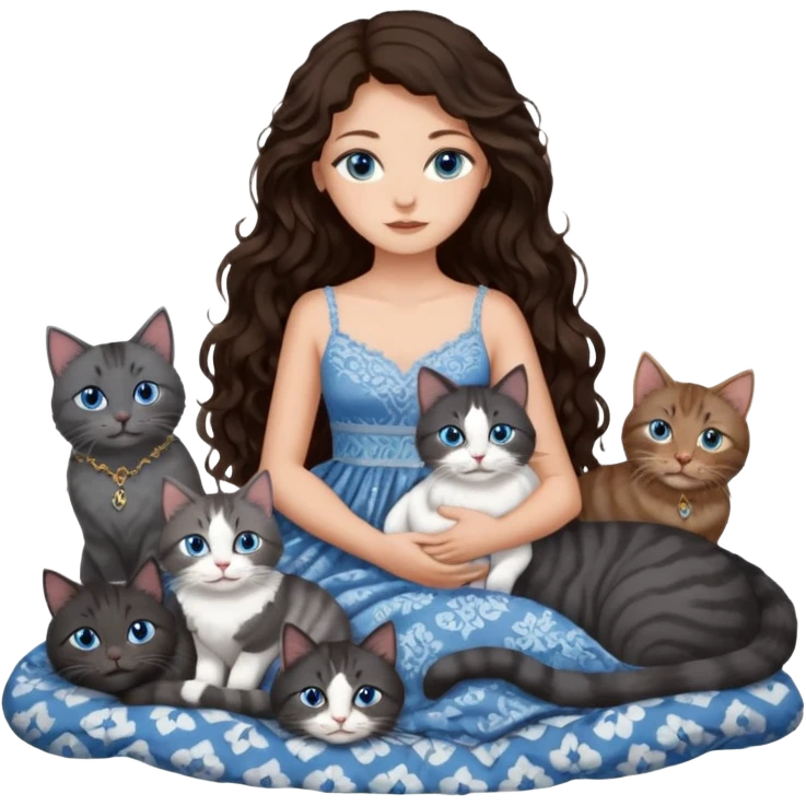 detailed realistic looking a dark grey and white cat regally laying with six other cats, cuddling with their owner in bed who is a pretty bratz lightly tanned white girl with long dark brown hair, blue eyes and gorgeous long wavy hair wearing a pretty detailed dress emoji