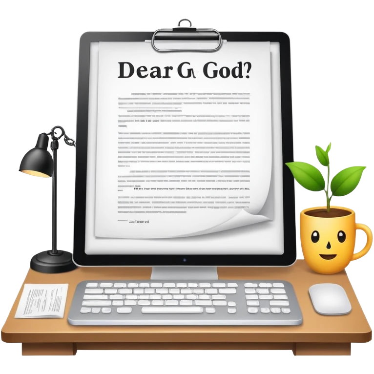 Desk with computer showing document that starts with "Dear God" emoji