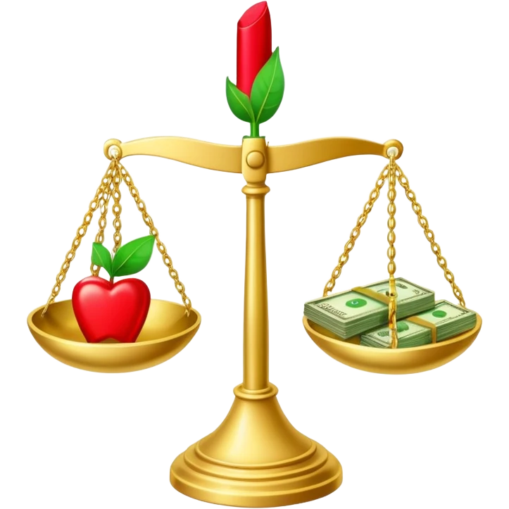 gold scale with green dollar bills on left side and lipstick and nail polish on right side emoji