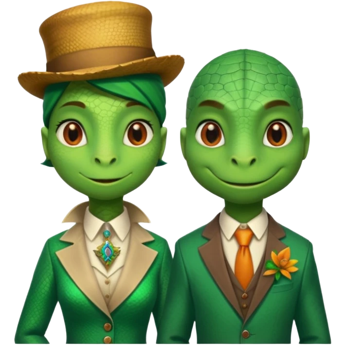 Female lizard and male lizard wearing human clothes emoji