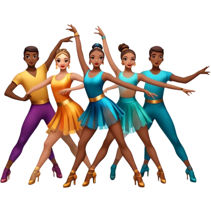 Icon for Contemporary Dance: a synchronized group dance performance with dancers in modern outfits, performing on stage with bright spotlighting and energetic movement. The icon should capture the dynamic and vibrant nature of contemporary dance. Transparent background. emoji