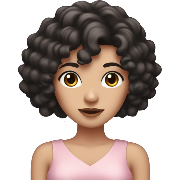 White woman with long black curly hair and bangs and dark brown eyes, wearing a pastel pink dress emoji