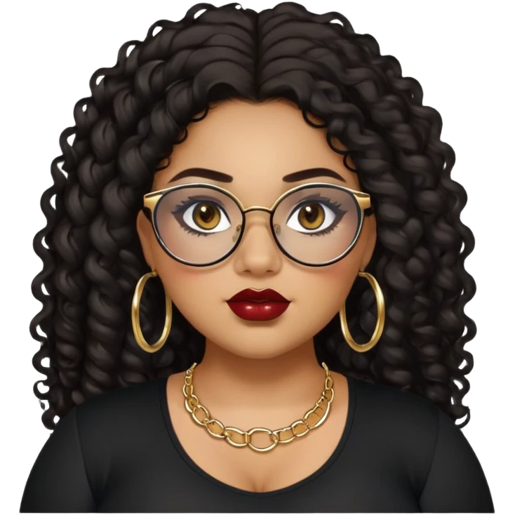 teen big plus size, latina, darker tan skin, gold hoops, long black curly hair, baddie,pretty, makeup, dark red lipgloss, black eyeliner, long hair, black top, black glasses emoji