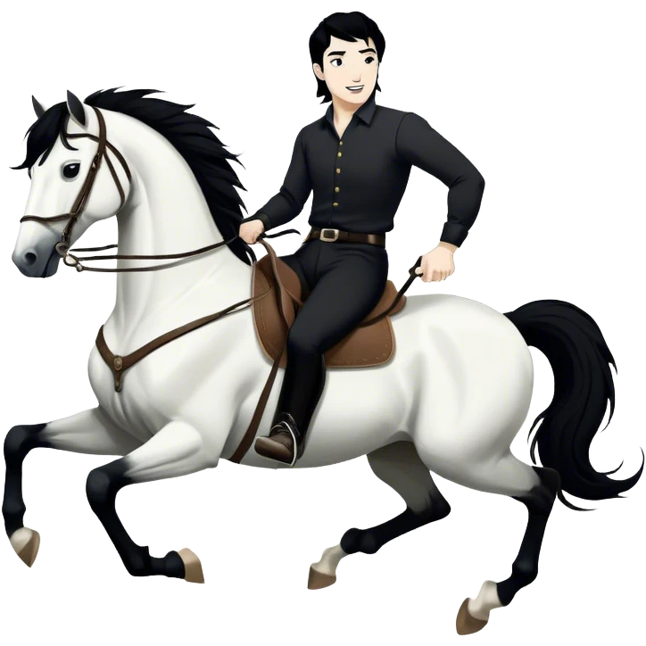A hand-drawn, black-and-white digital illustration in a playful, cartoonish style. A man with solid black hair and solid black pants is riding a horse, holding the reins with confidence. He has a joyful and adventurous expression as the horse moves forward with energy. The horse has a flowing solid black mane and tail, with strong, bold lines emphasizing its movement. Its legs are slightly bent, giving a sense of action. The background is minimal, keeping the focus on the rider and the horse emoji
