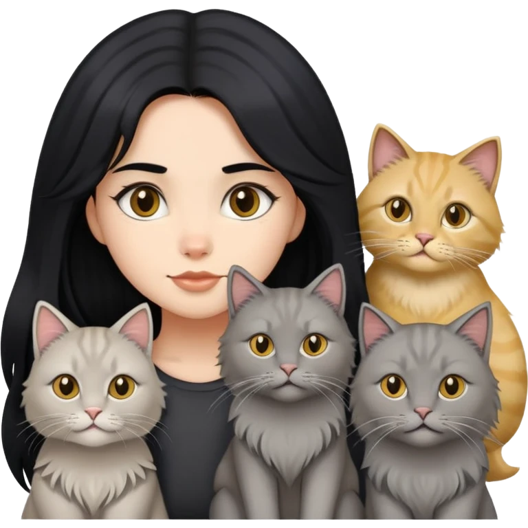 black hair girl with a grey longhair cat and four british longhair golden emoji