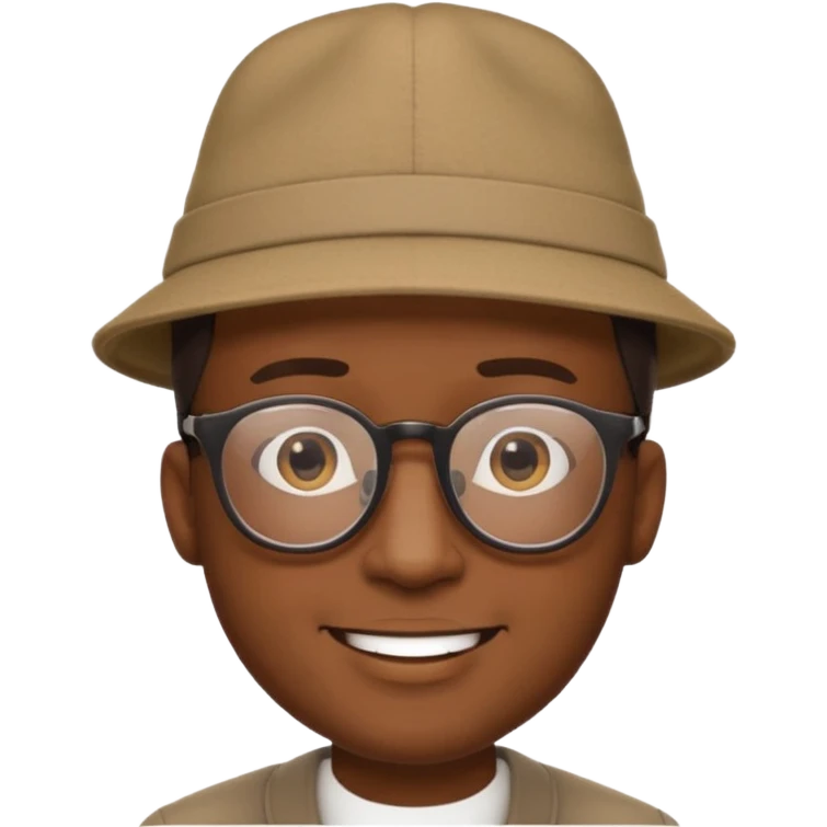 black man with glasses, gentle smile, wearing a hat, Soul movie style, emoji style emoji