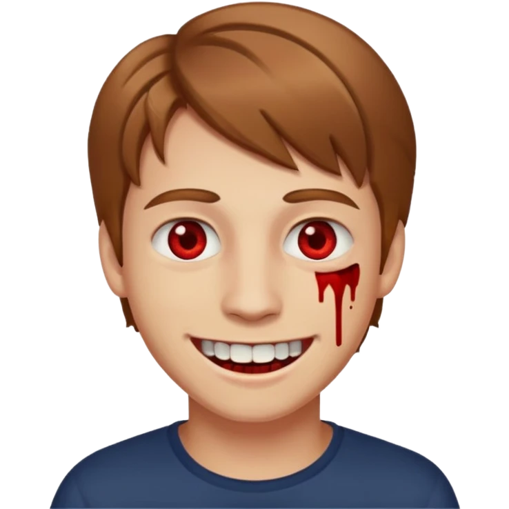 pjv,b парень с русыми волосами средней длины; белая кожа; белые глаза; открытая улыбка, окровавленные зубы; emoji