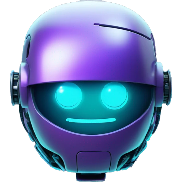 Smily face robotic scanning device, cyberpunk, cyan and purple colors, friendly, futuristic, binary code emoji