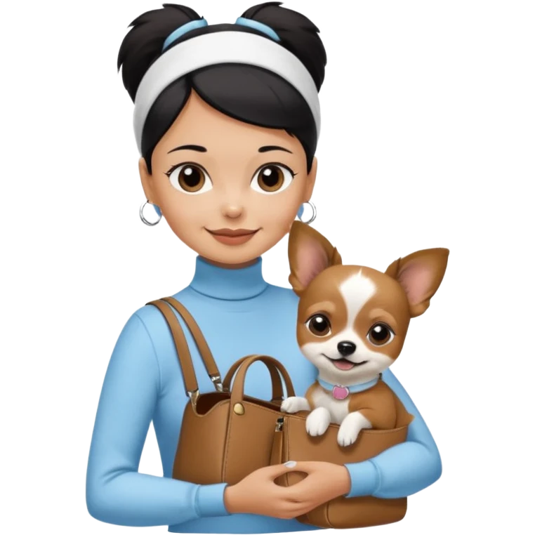 tan skin woman, with very short black hair in a slicked back ponytail with forehead showing, with white headband, wearing solid pastel blue turtleneck shirt, smiling carrying dark brown-white furry fuzzy chihuahua papillon dog inside dog purse emoji