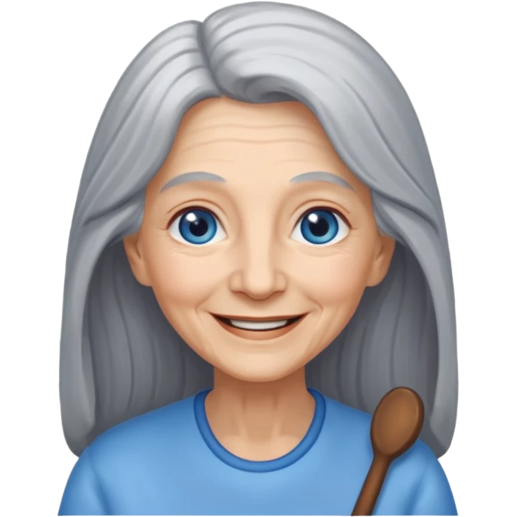 an elderly woman with long, grey hair and a smiling face with blue eyes emoji