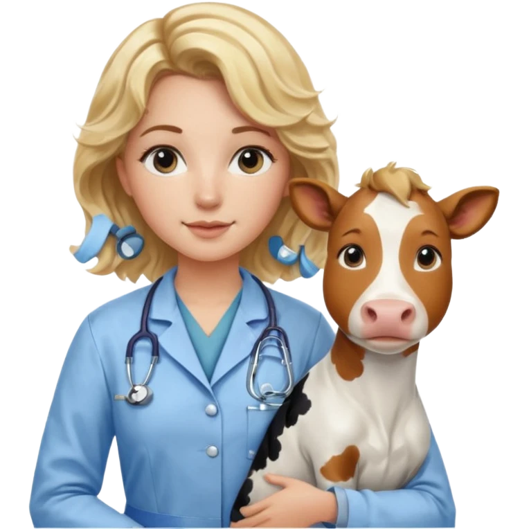 Joven mujer, de cabello bajo los hombros rubio con ondas y partidura al medio.  veterinaria de perros, vacas y caballos, con traje clínico celeste, sin delantal blanco emoji