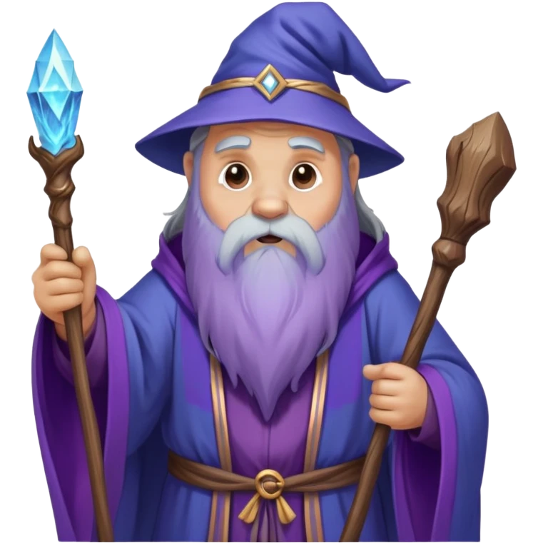 A wise old bear wizard with long beard casting a blue spell with wooden staff and purple flowing robes emoji
