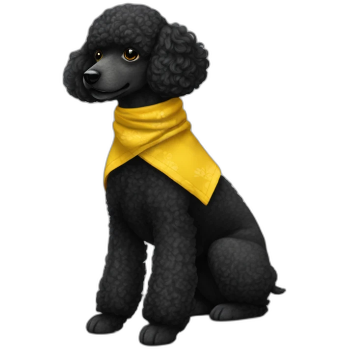 My prompt A single Energetic dark black mini poodle with short hair and mustard yellow bandana emoji
