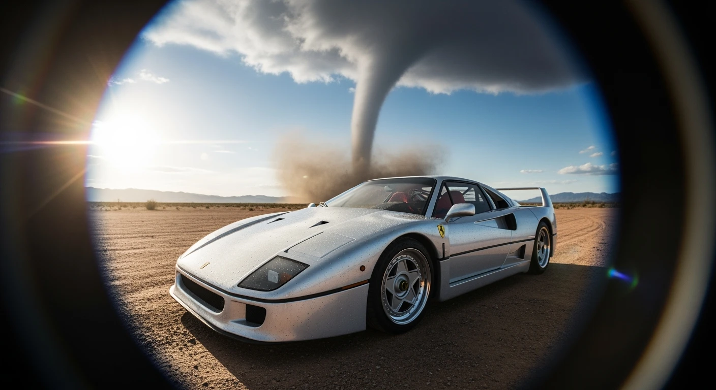 Cinematic still of a ferrari f40 around tornado od arizona desert, sun flare, captured by gopro hero with effect fisheye, water drops on car body, detailed emoji