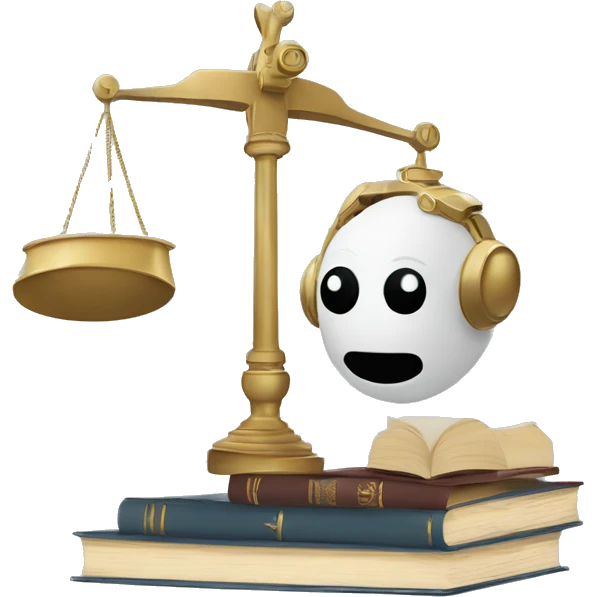 a balance of justice with a robot head on one side and a book on the other side emoji
