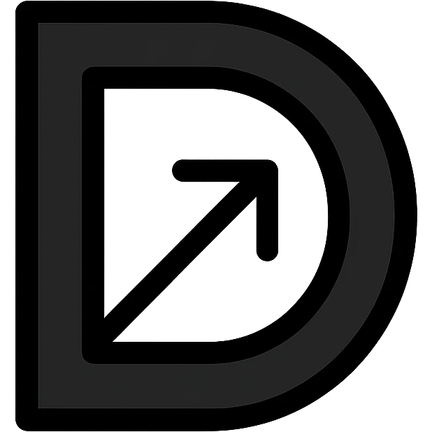 Flat, minimalist black letter "D" with thin white/silver outlines, containing a small diagonal right-pointing arrow (up-right direction) emoji