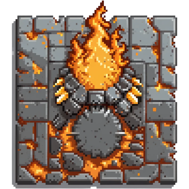 Industrial metal wall explosion tile, slate colored (#334155) metal fragments and debris flying from center, bright orange and yellow flames, metallic sheen on fragments, rivets visible on some pieces, pixel art style emoji
