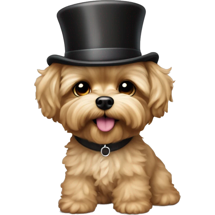 yorkie bichon mix. dog with light tan curly fur, very very long ears down. dark brown eyes, mouth closed. wearing a top hat emoji
