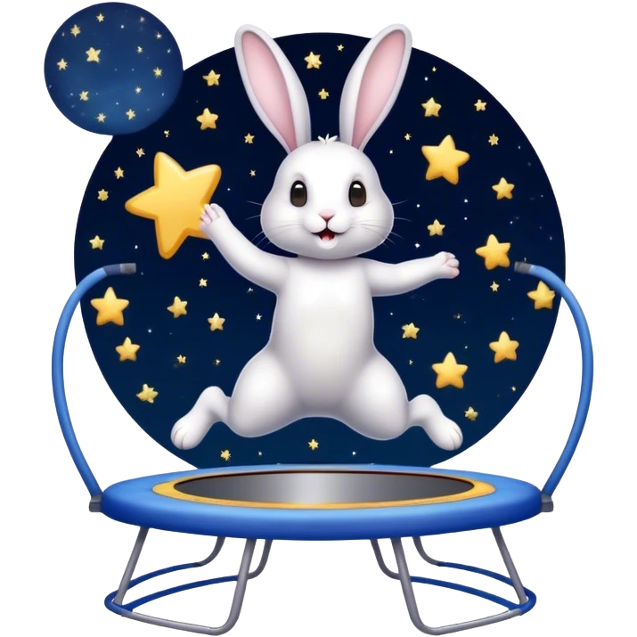 rabbit jumping on trampoline with starry sky and mirror emoji