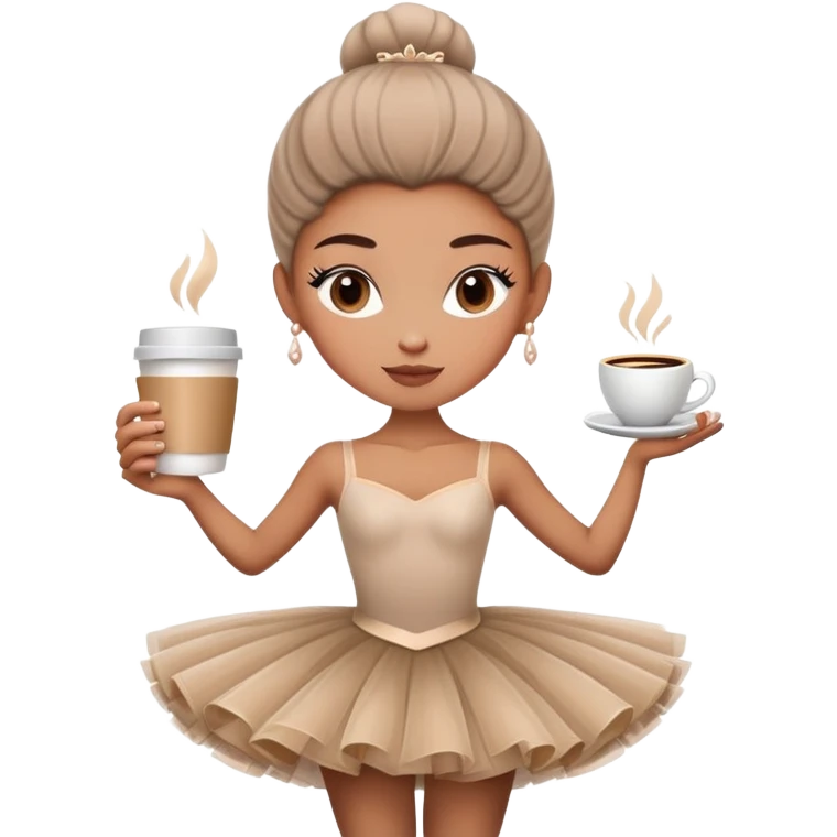 Elegant ballerina in a cappuccino-colored tutu, posing gracefully with a coffee cup emoji