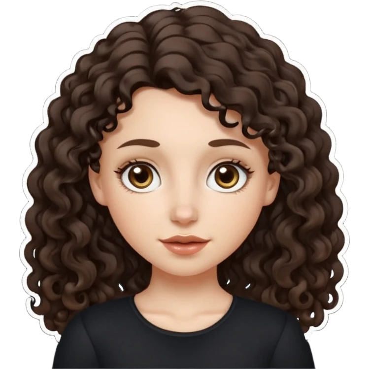Aesthetic white girl with long curly hair color dark brown (almost black, but more brownish), hair most be in front of the shoulders. Big almond shape eyes color brown, small wide nose, natural lips, sweet expression. Dressed with a cute tight top color black. emoji